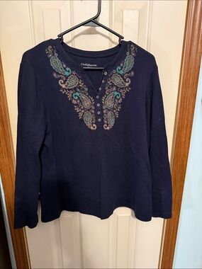 Croft & Barrow Navy Long-Sleeve Top with Teal and Tan Paisley Embroidery